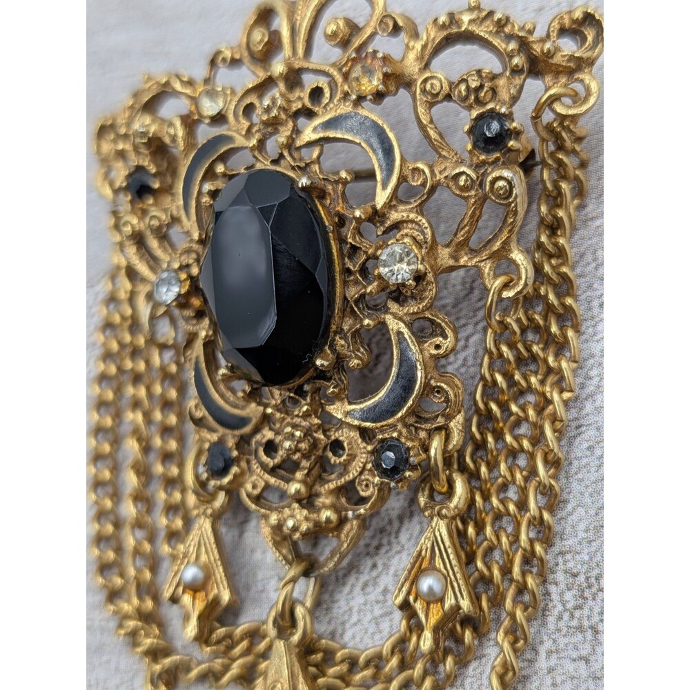 Florenza Brooch Black Cabochon Drape Chain Gold Tone Filigree 2.5in Signed Pin - Picture 9 of 16